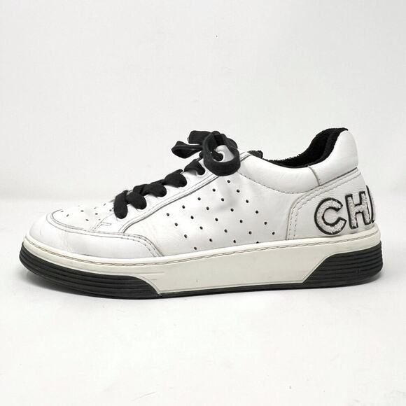 Chanel Logo Perforated Leather Sneakers White Black Lace-Up EU 38 - Picture 1 of 9